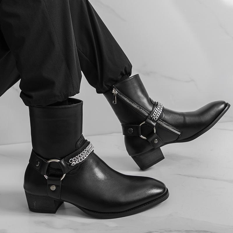 Fashion Classic Black Fashionable Mens Breathable Side Zipper High Top Boots Autumn Men Comfortable Pointed Western Cowboy Outdoor Boots