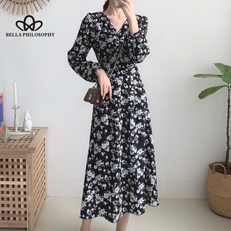 Ženy Podzim Jaro Modré Květinové Dlouhé šaty s výstřihem do V Dlouhé šaty Neformální Elegantní Šaty s potiskem Florla