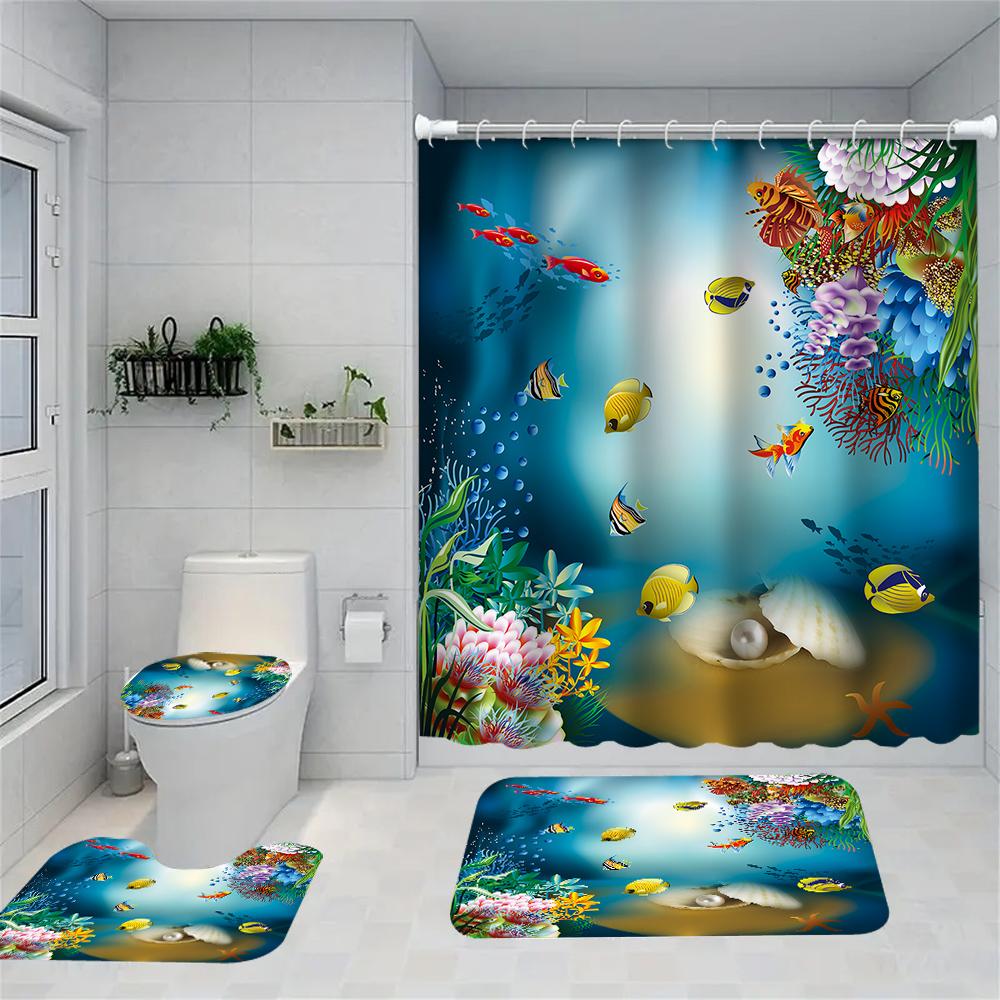 1/4 Marine Organism Shower Curtains, Toilet Seat Decoration, Shower Curtain With Carpet And Toilet Lid, 12 70.8X70.8 Inch Hooks