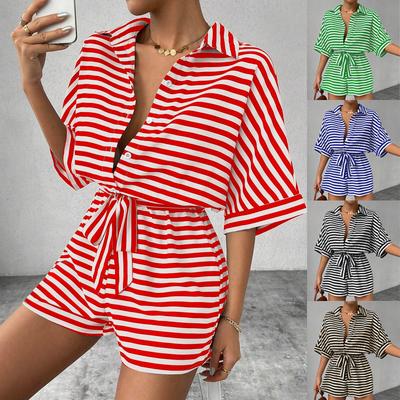 Spring and Summer Striped Collared Cardigan with Buttons Mid-Sleeve Belted Shorts Set for Women