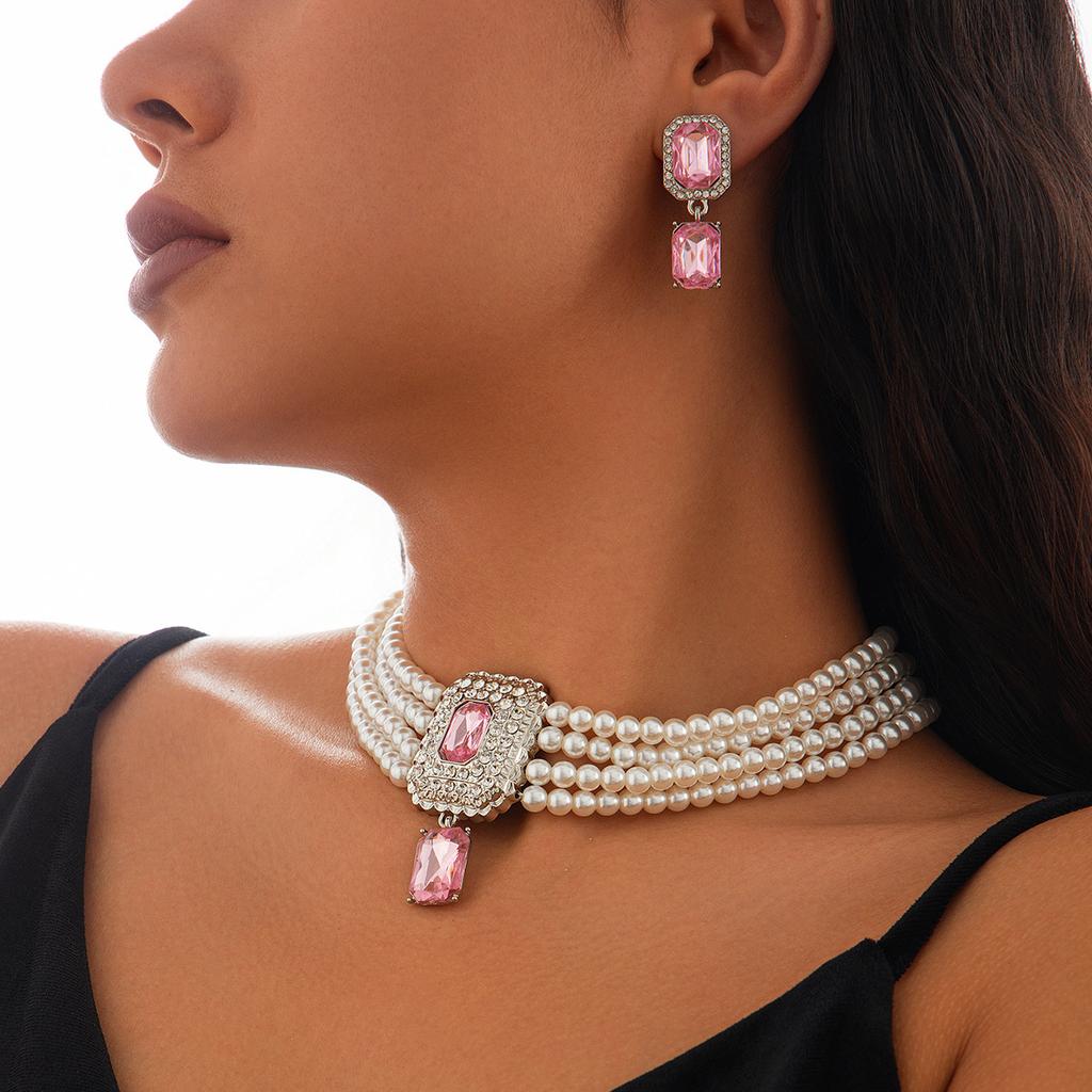 Retro Square Full of Diamonds, Imitation Pearl Choker Necklace, Temperament French Multi-layer Jewelry