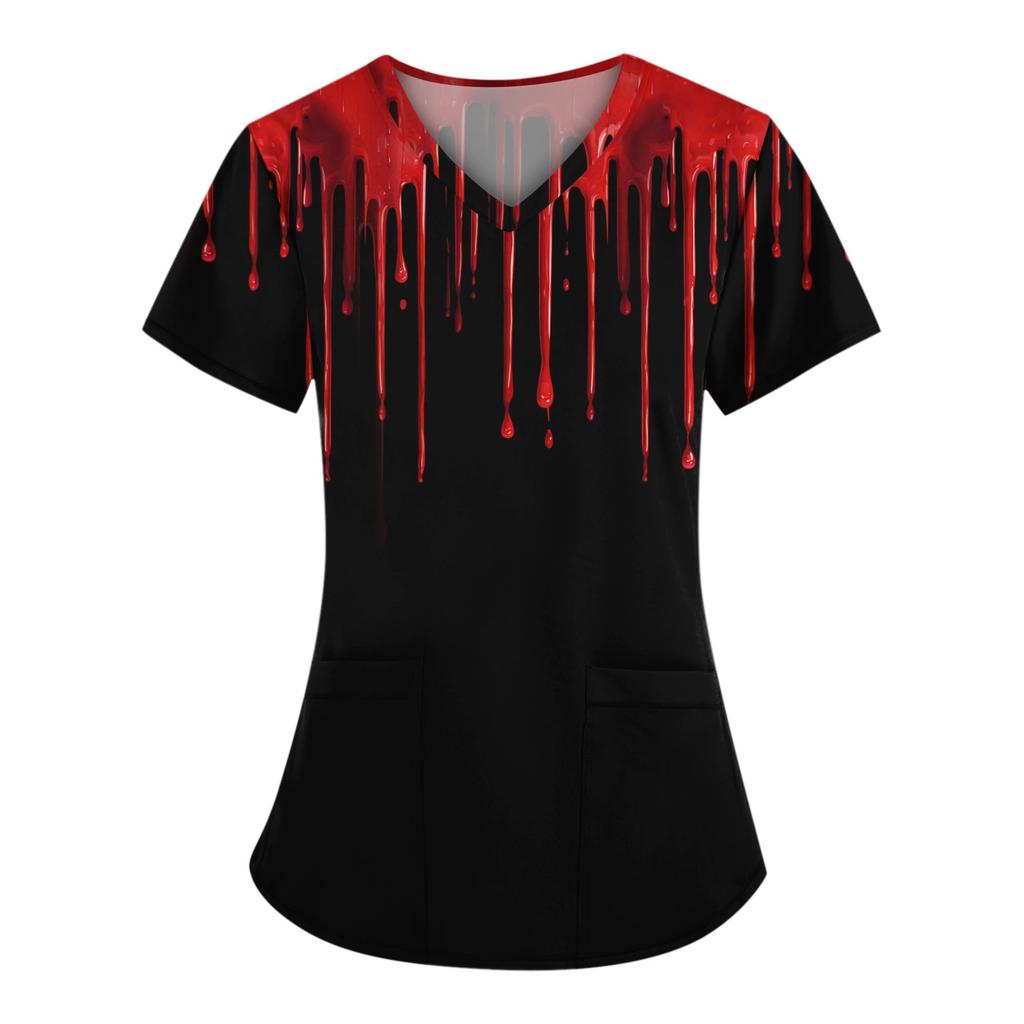 Plus SizePrinted Scrub Working Uniform Tops For Women's Cross V-Neck Halloween Print Short Sleeve Fun T-Shirts Workwear Tee With Pockets