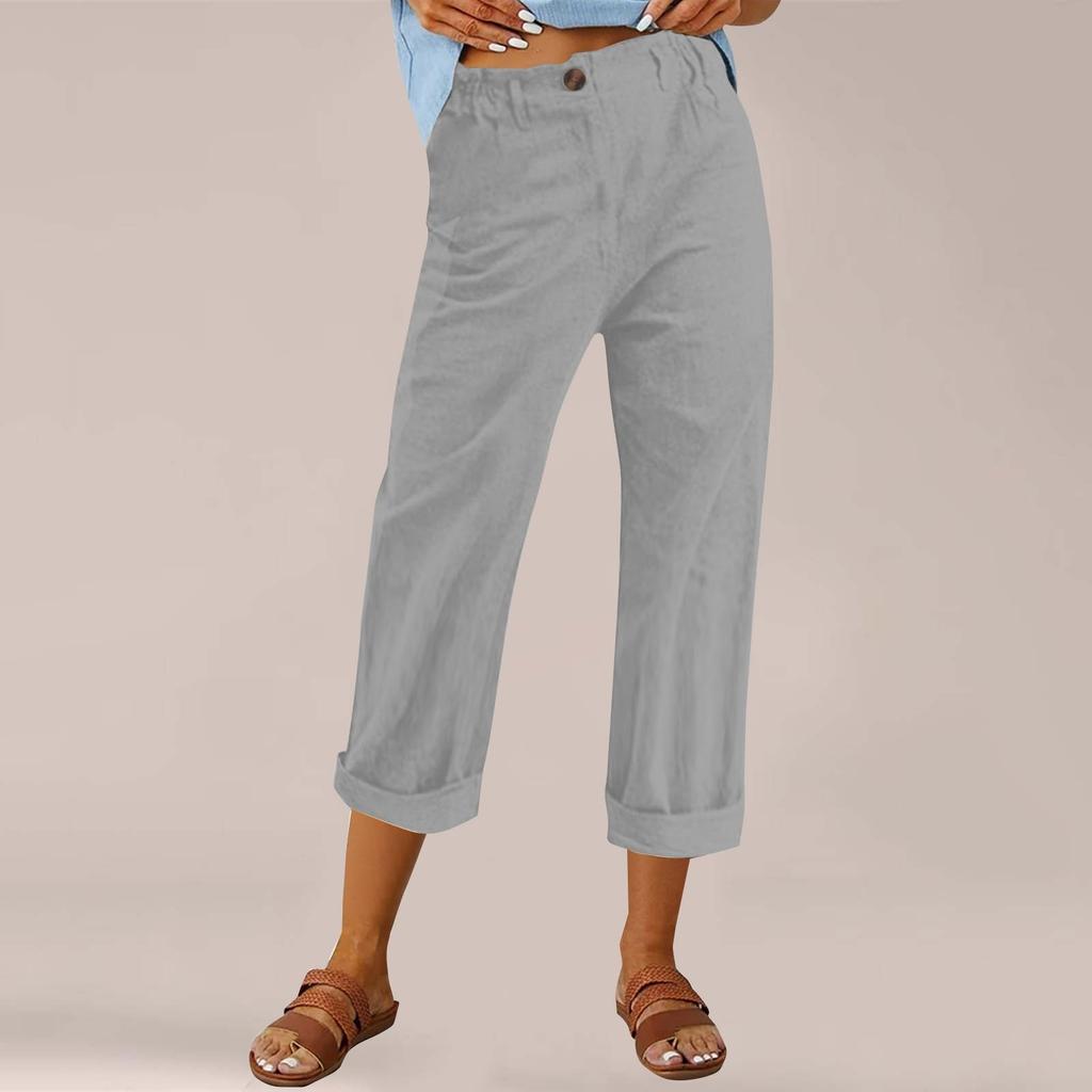 Women's Fashion Cotton-Linen Blend Loose-Fit High-Waisted Casual -Color Straight-Leg Pants