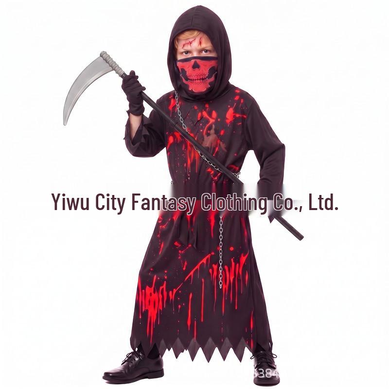 Kids' Grim Reaper Halloween Costume Set with Bloodstained Hooded Robe