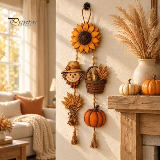Seasonal Holiday Party Supplies Autumn Harvest Wooden Hanging Sign, Rustic Farmhouse Door Sign with Tassels and Wood Beads, Decorative Wheat Ear Corn