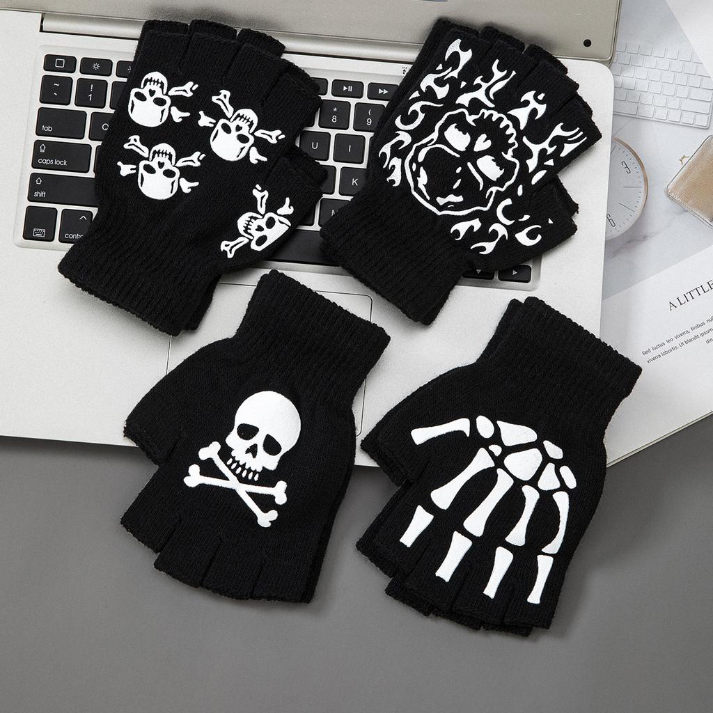 Boys' Halloween decorative warm gloves Fall and Winter split fingers open-fingered knit gloves Fashion skull hand pattern gloves