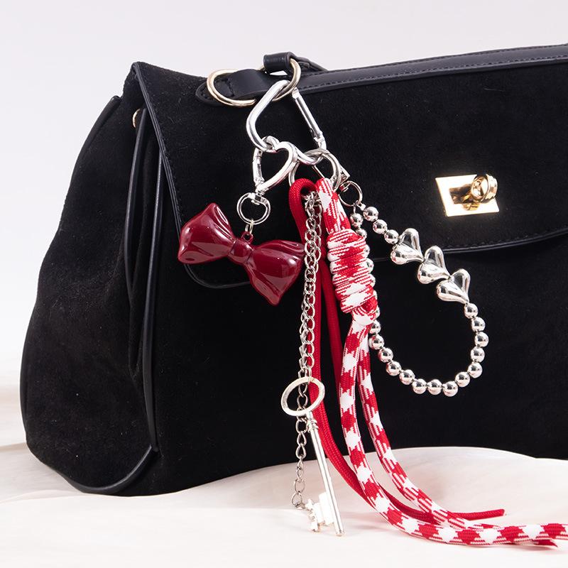 Red And White Plaid Rope Bag Charm With Or Bow Pendant Silver Beaded Chain And Tassel Design For Backpack Decor Daily Use Bag Charm