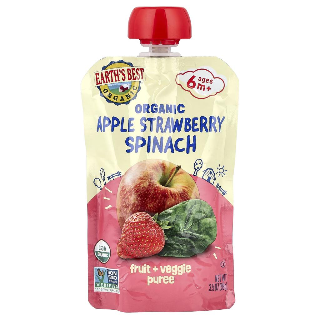 Earth's Best Organic Fruit + Vegetable Puree, 6+ Months, Apple Strawberry Spinach, 3.5 Oz (99 G)