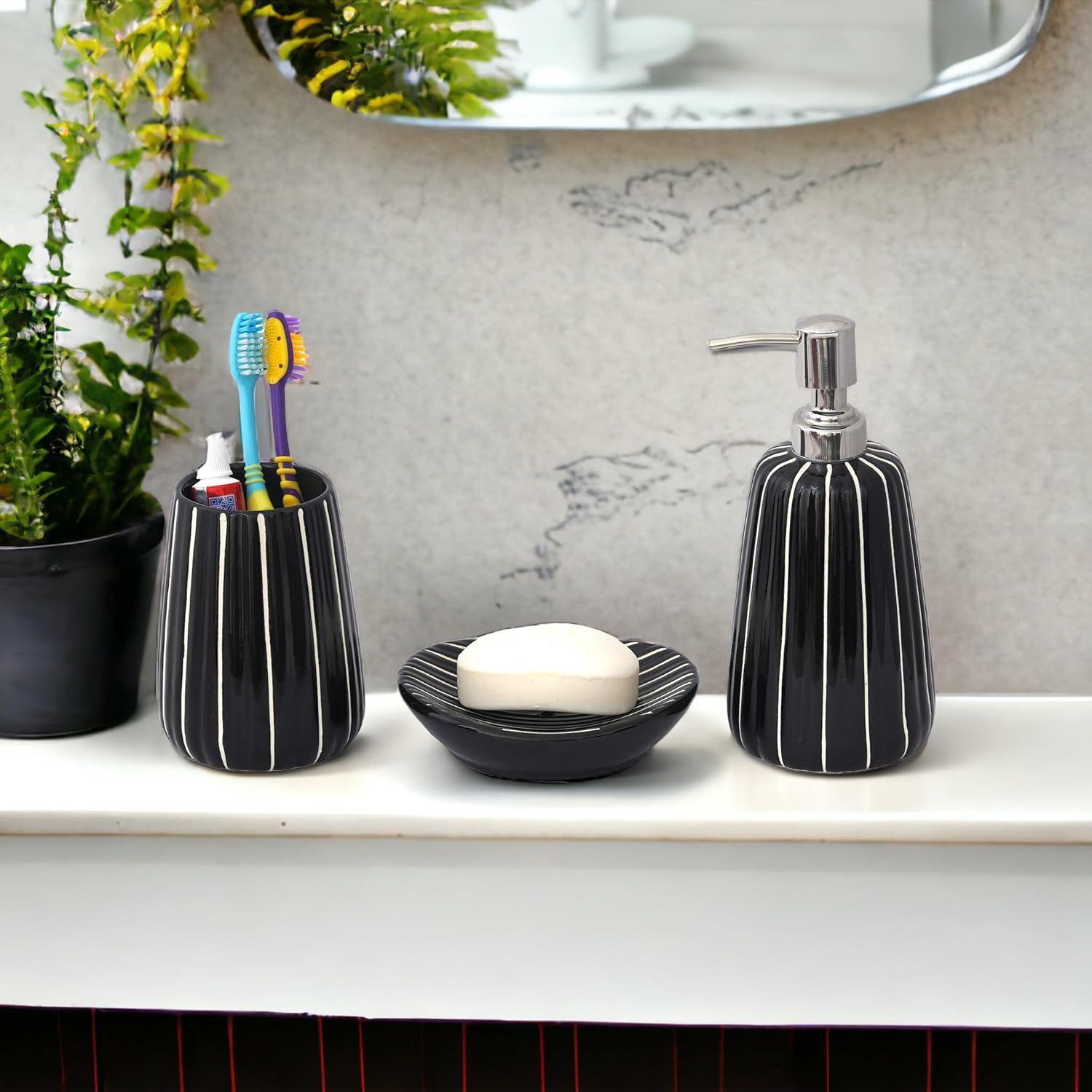 

Премиальный керамический набор аксессуаров для ванной из 3 предметов | Современный роскошный набор для ванной с дозатором для мыла 300 мл, подставкой для зубных щеток и мыльницей | Предметы домашнего декора
