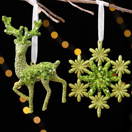 Glitter Christmas Ornaments Green Sequined Butterfly/Star/Reindeer Xmas Tree Hanging Decorations for Xmas Tree Holiday Home Party Decor