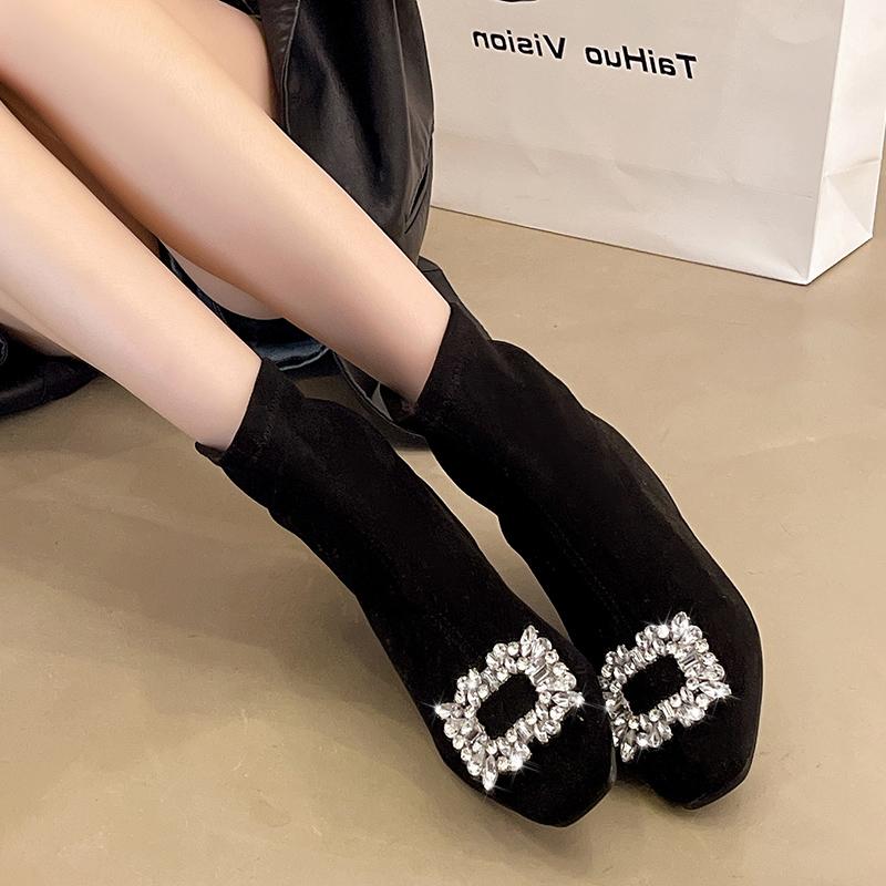

Fashion Women Ankle Boots Fashion High-heeled Flock Spring Autumn Rhinestone Short Suede Winter Designer Casual Basic All-match Shoes 35