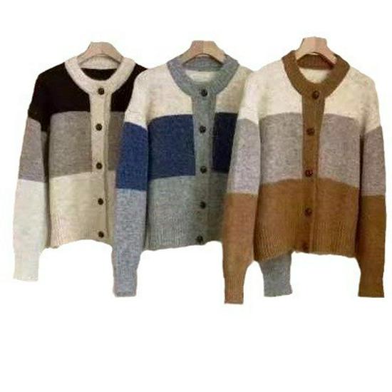 Autumn/Winter 2025 Women's Retro Color Block Striped Knit Cardigan Sweater Coat