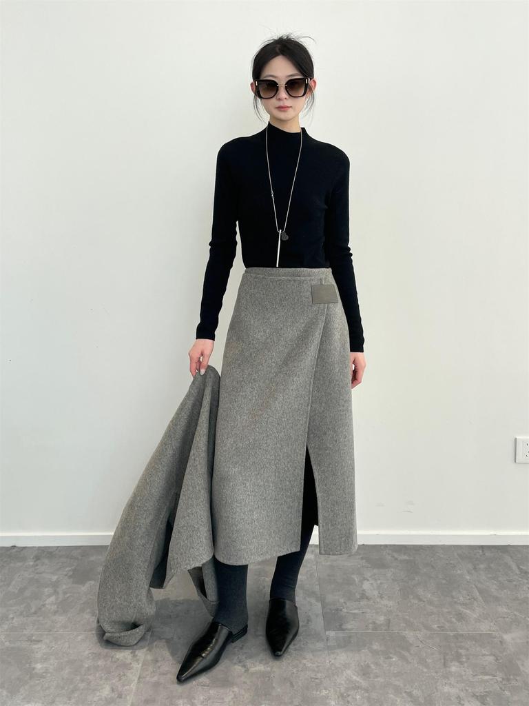 Southern Fish Women's Wool Short Coat & Slit Midi Skirt Set - Dyed & Degreased, Round Neck 