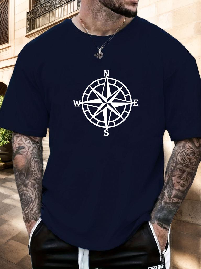 Unisexs Short Sleeve T Shirt Vintage Compass Graphic Print Crew Neck Summer Casual Loose Breathable Male Travel Daily Street Tops