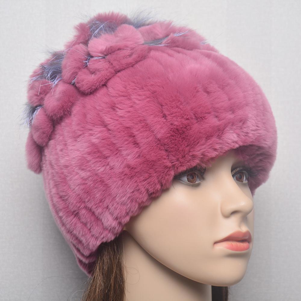 Fluffy Winter Real Fur Hat Natural Rex Rabbit Fur Warm Cap Ladies Knitted 100% Geunine Fur Hats