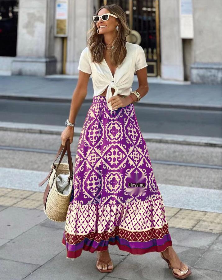2024 Summer Women's European & American Loose Patchwork Print Maxi Skirt