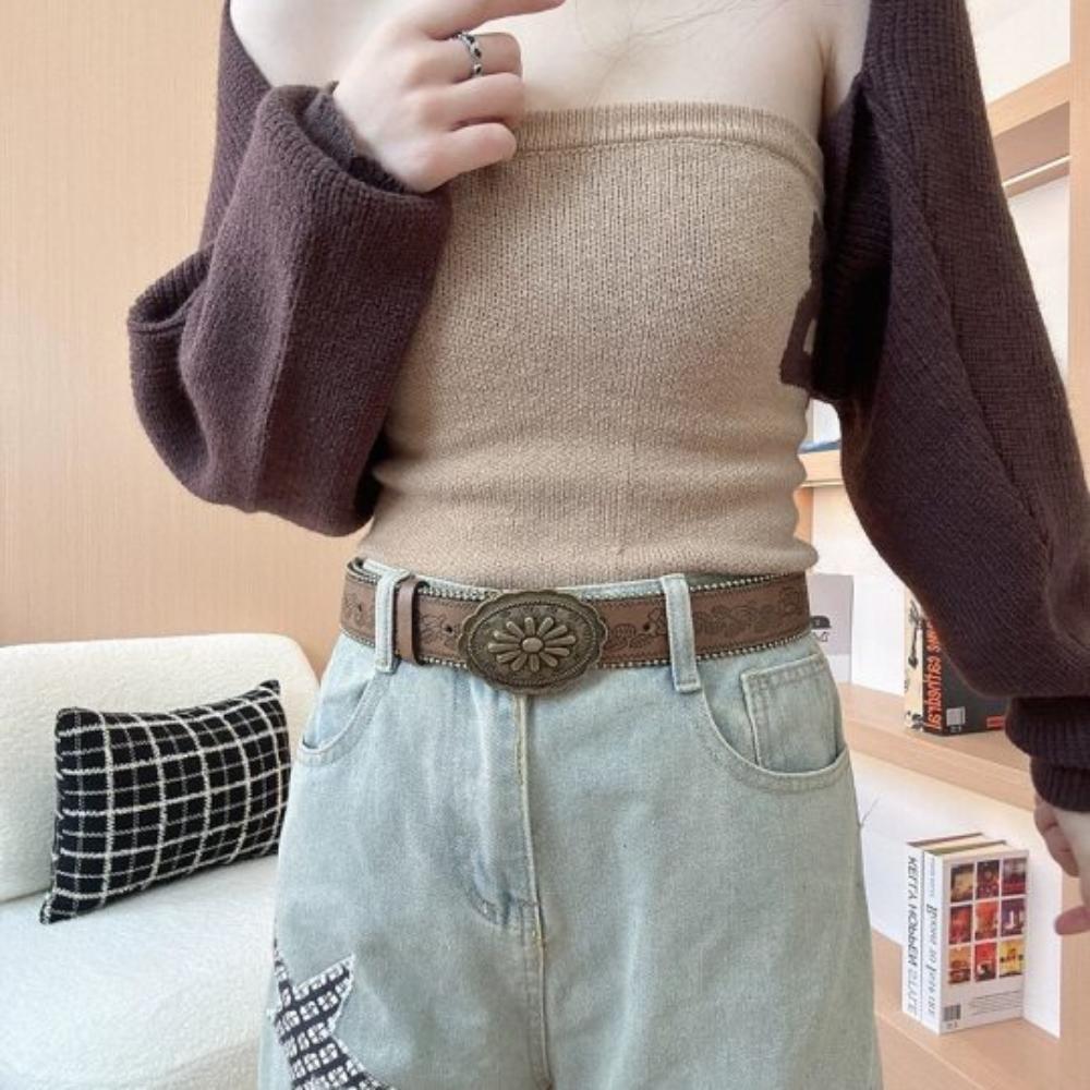 Zinc Zinc Alloy Cowgirl Buckle Belt Vintage Flower PU Hollow Belt Fashion Cowboy Waistband  Dress Decoration