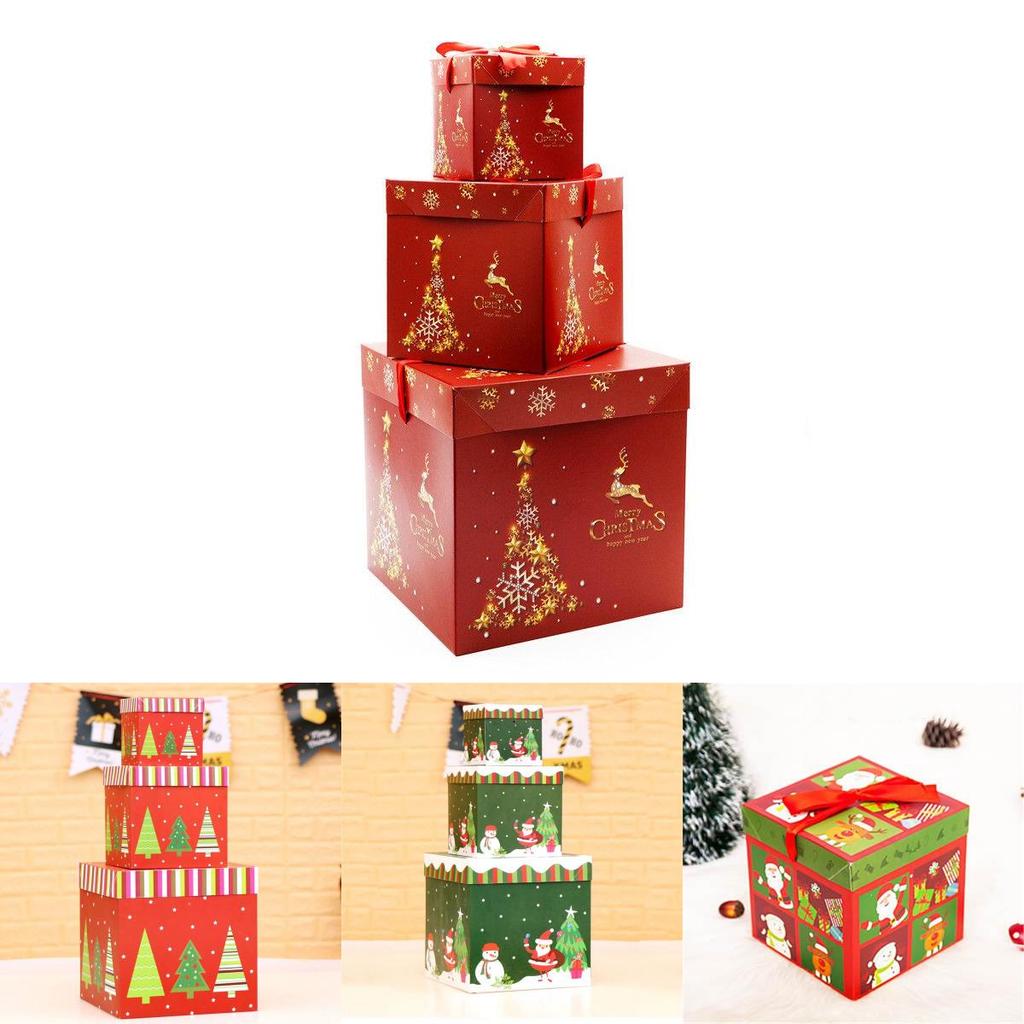 Premium Large 3pcs Christmas Gift Box With Lid  Ribbon Xmas Present Square Box