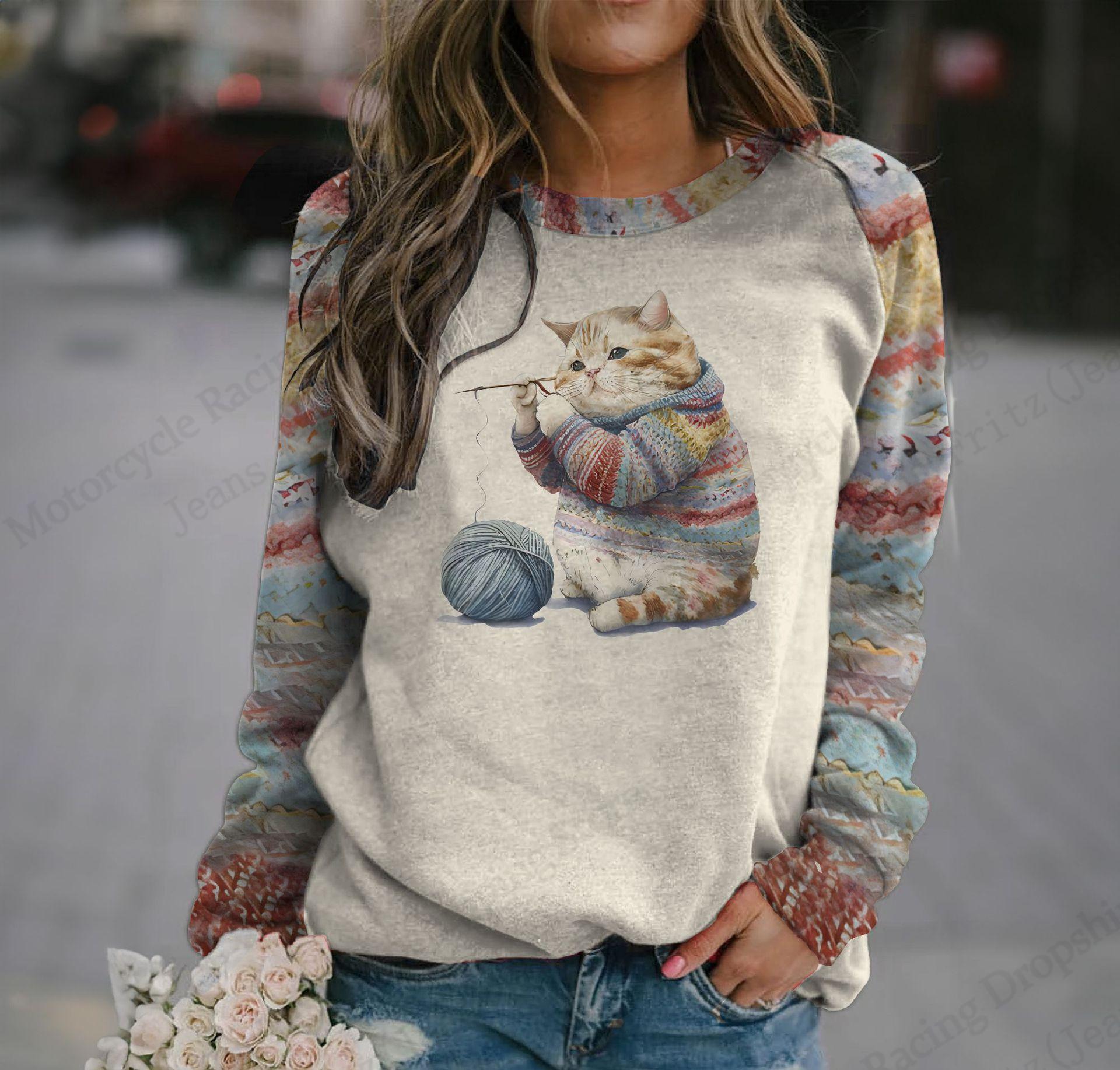 

Funny Polyester Cat Kitten Sweatshirts Animal 3D Print Women s Casual Raglan Long Sleeve Pullovers Harajuku Tops Female Clothing S