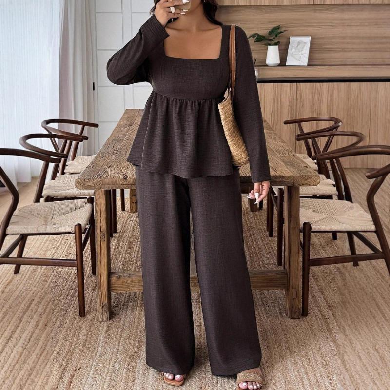 Square-neck Lotus Leaf Hem Long Pants, Plus-size Fashionable Long-sleeved Lotus Leaf Top, Wide-leg Long Pants Two-piece Set