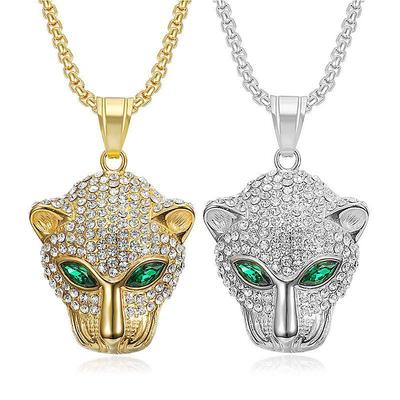 Trendige Unisex Hip Hop Leopard Anhänger Halskette mit grünen und roten Diamant Augen