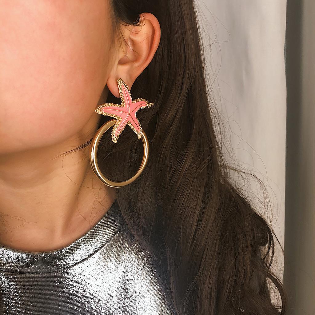 Women Simple Retro Geometric Starfish Ring Shape Earrings