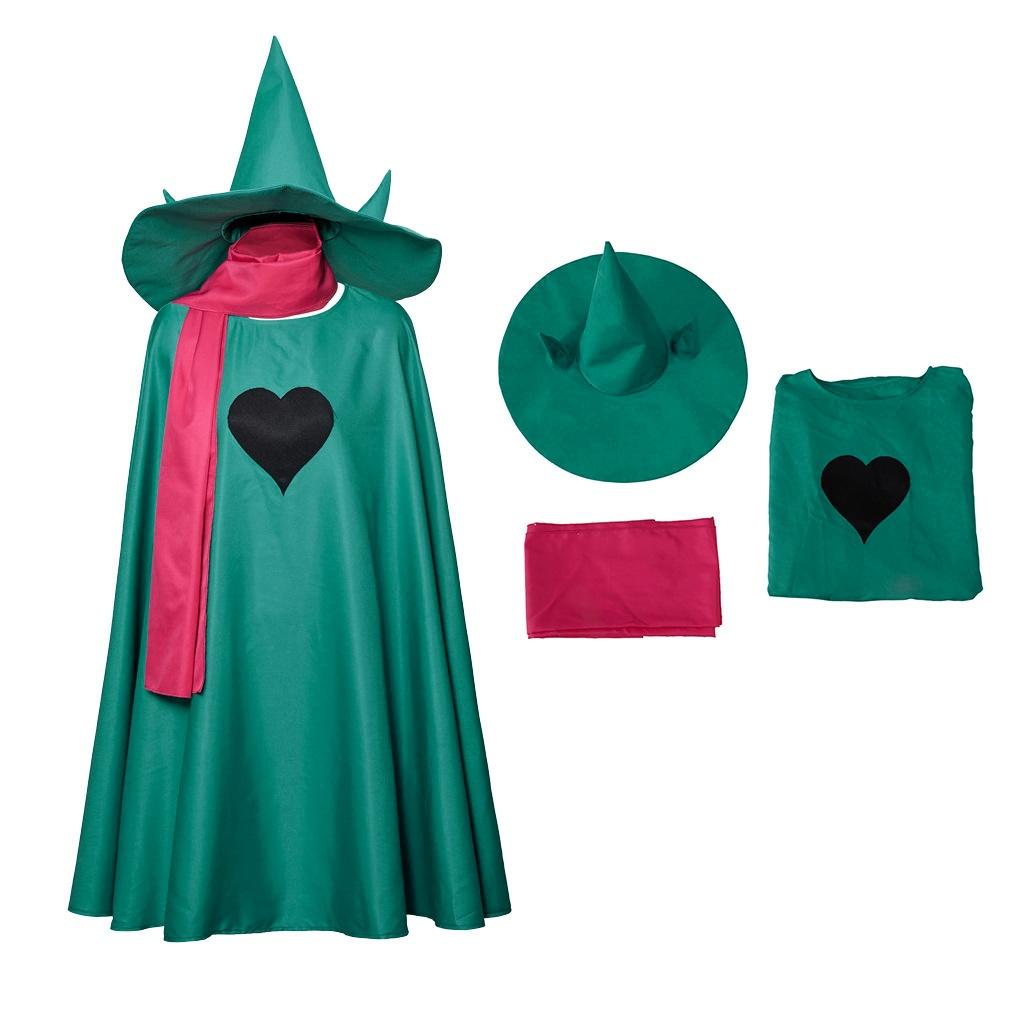 Anime Jeu Undertale Ralsei Costume Cosplay Cape de Sorcier Verte Emblème Cœur Foulard Rose et Chapeau de Sorcière comic con jeu de rôle S