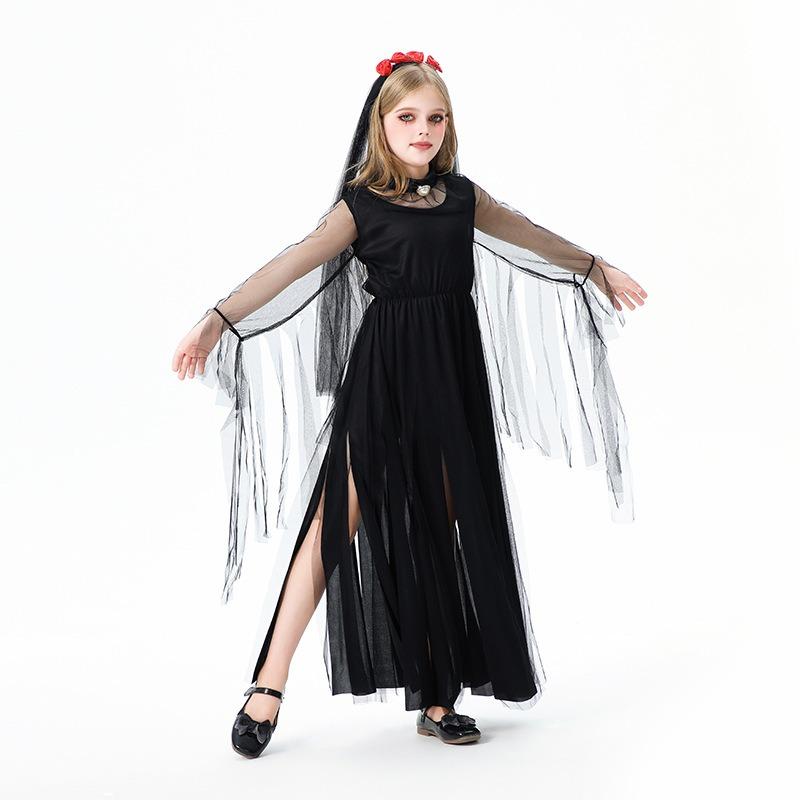 Halloween Children's Costume Girls Dark Demon Ghost Bride Long Dress Vampire Witch Funny Show Costume