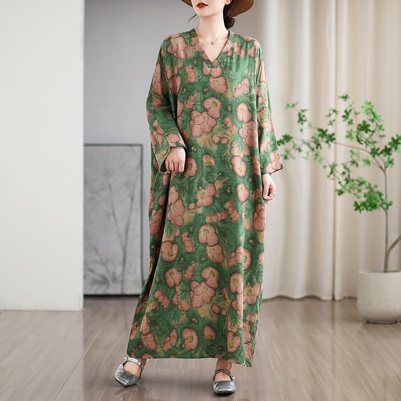Dimanaf 2025 Women Plus Size Spring Long Dress Loose Floral Dress Basic Casual Maxi Vintage Printing Holiday
