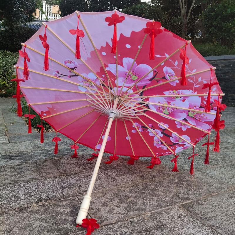 1PC Umbrella 70/82CM Oil Paper for Women Girl Performance Photo Props Antique Umbrella Parasol Satin Cloth Tassel