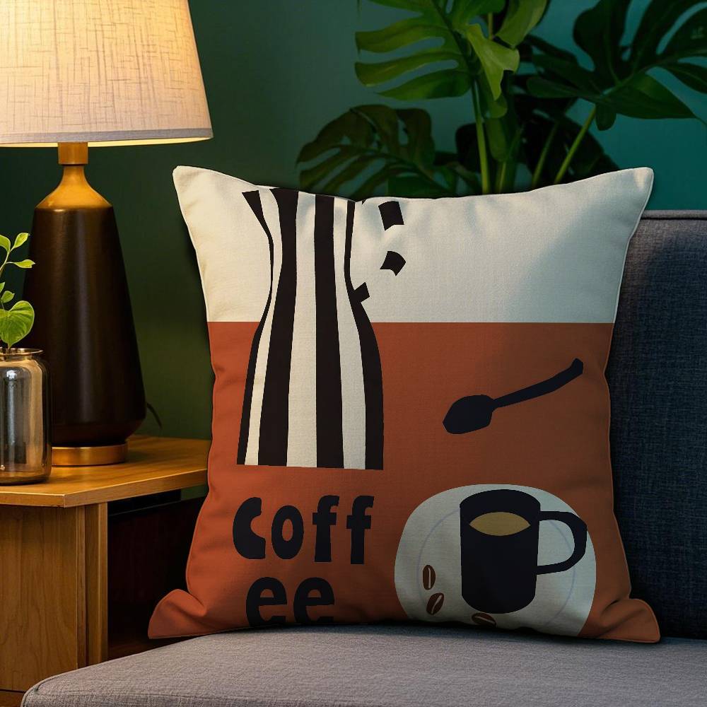 Creative Coffee Illustration Pillow Case Plush Fabric Soft Double Sided Print Home Sofa High Quality Cushion Cover Throw