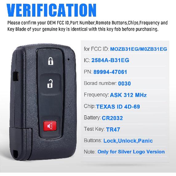 Smart Key Fob Keyless Entry Remote Transmitter Replacement for Toyota Prius 2004-2009 3 Button Ask 312MHz 4D69 Chip (FCCD:MOZB31EG P/N:89994-47061)