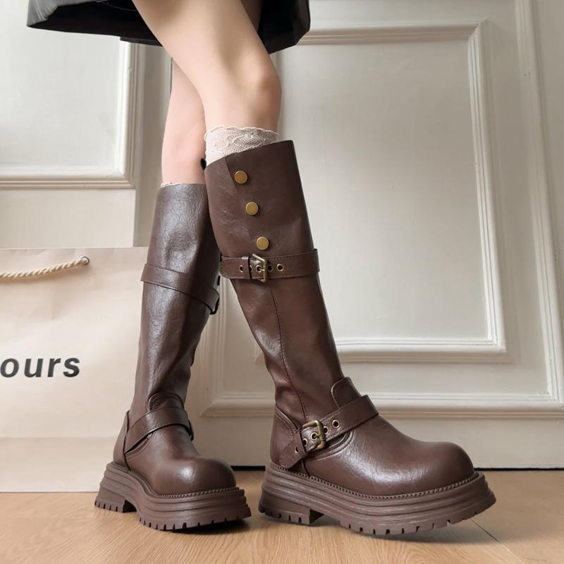 Retro thick-heeled thick-soled boots for women's 2025 autumn and winter new boots, tall and thin belt buckle British knight boots