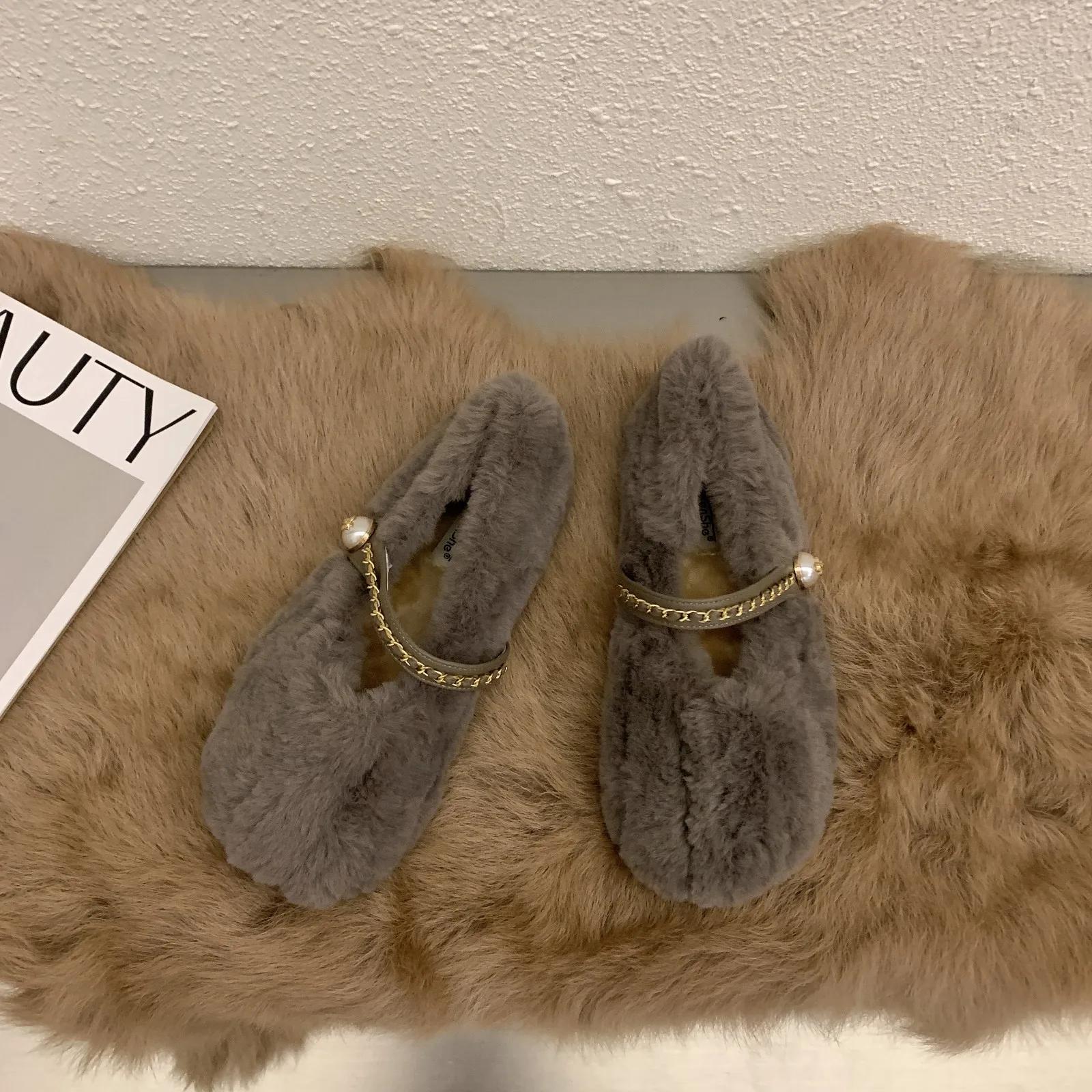 2026 Elegant Gray Fur Loafers Women s Luxury Furry Flats Women s Winter Warm Plush Shoes Lace Leather Chain Straps 35 серый 2580₽