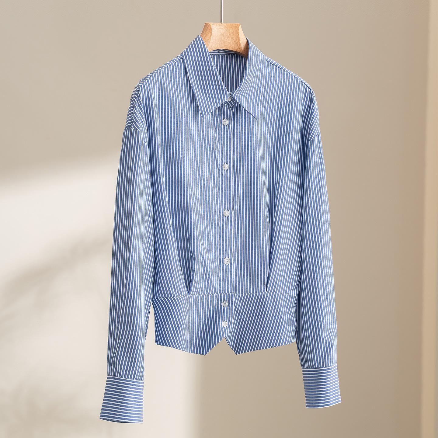 

New Arrival Blue & White Striped Slim Fit Pullover with Lapel & Long Sleeves for Women M