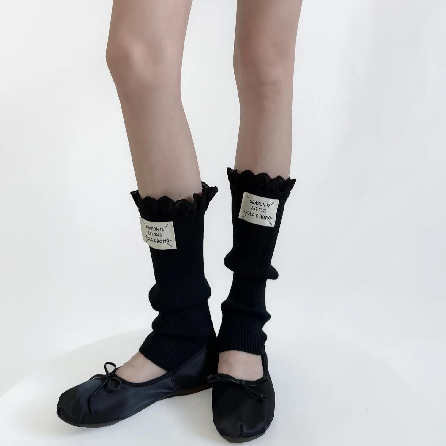 

Носки с оборками, чулки, женские гетры, осень-зима, вязаные чехлы для ног, корейский стиль, однотонные длинные носки, гетры Лолита чёрный