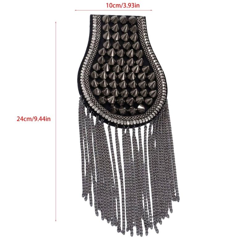 Sew-On Epaulette Shoulder Bar Accessory with Rivet Studs and Layered Metal Chain for Punk Theme Clothing Enhancement