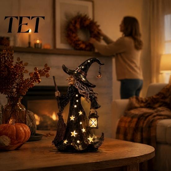 Spooky Home Holiday Decoration Halloween Witch Figurine with Star Light, Resin Tabletop Nightlight Lantern, Handcrafted Table Centerpiece Wizard