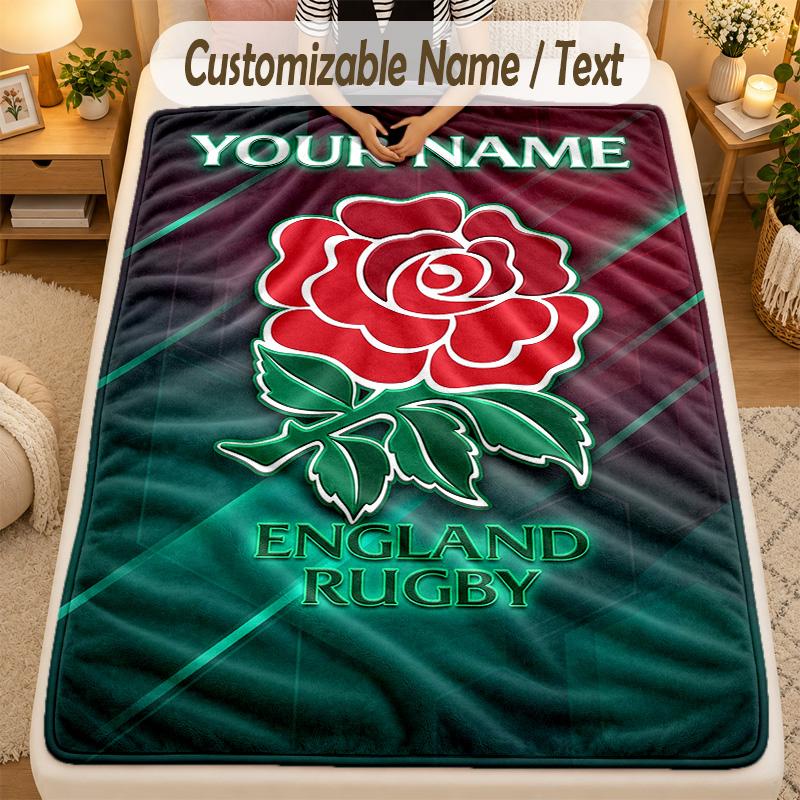 Flannel BlanketEngland Rugby Custom Name Text Personalized Soft Warm Throw Blanket Home Decor Gift
