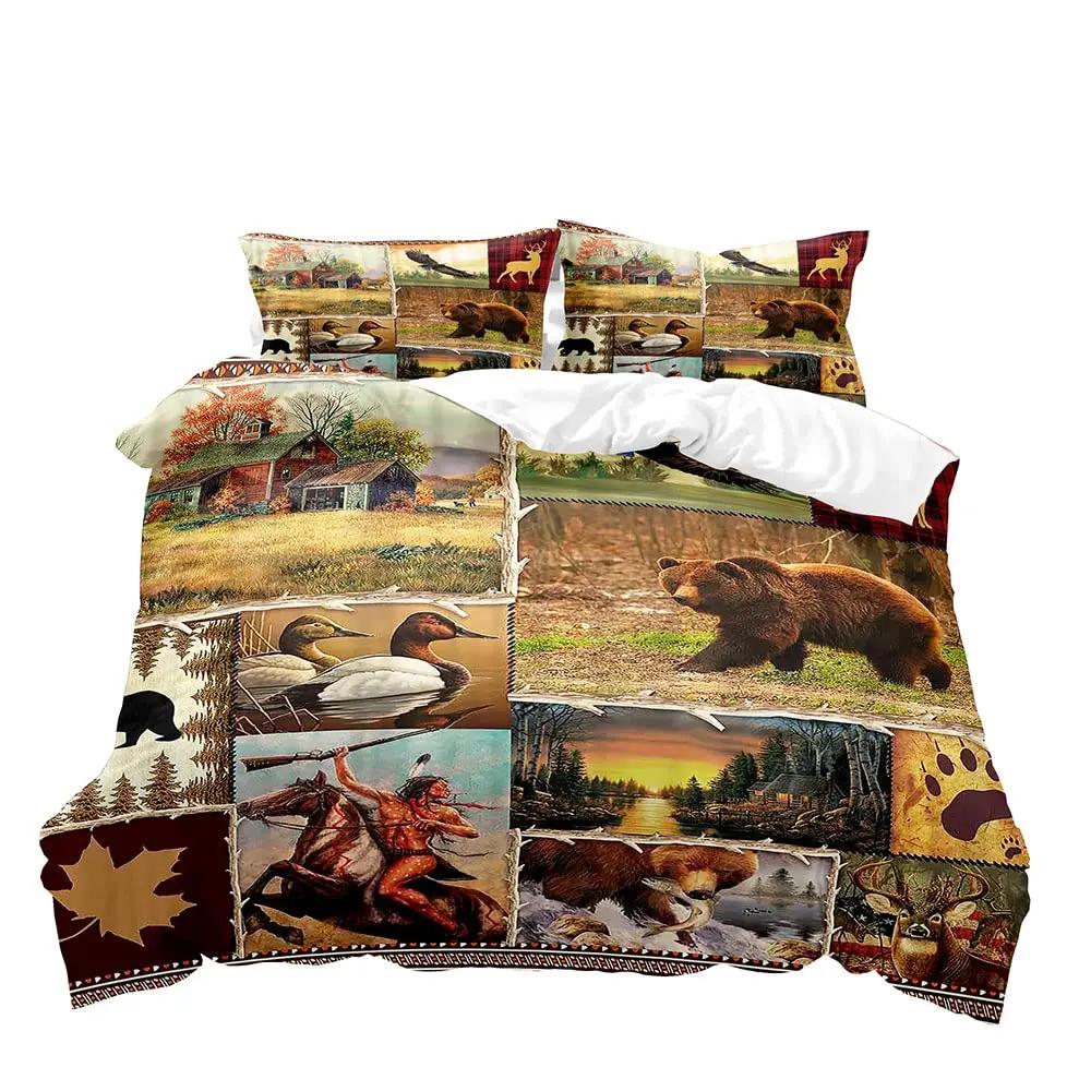 Farmhouse Duvet Cover SetBlack Bear Deer Elk Moose Forest Animal Wildlife Lodge Rustic Bedding Set KingSage Green Brown Plaid