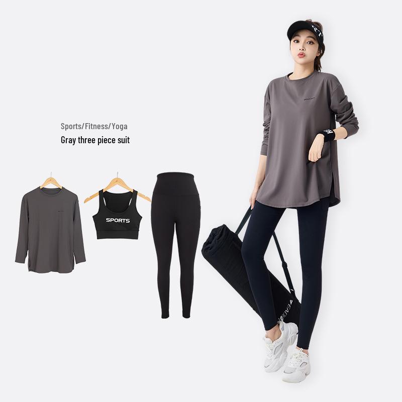 Women's 2026 Three-Piece Yoga Set: Loose Long Sleeve, Tapered Pants, Sporty Letter Vest Fitness Wear