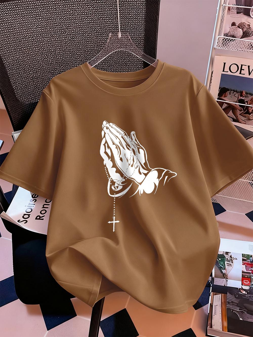 

Praying Hands Printed Short Sleeve TShirts Womens Cotton Summer Tee Shirts Comfortable Loose ONeck Tops Casual Woman Clothes S