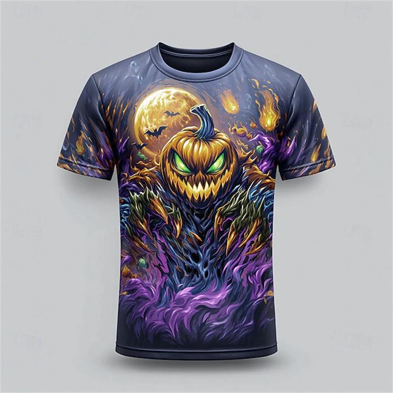 Men's Summer 3D-Printed Round-Neck Short-Sleeve T-Shirt with Tear-Art Pumpkin Scarecrow Beer and Halloween Horror Theme