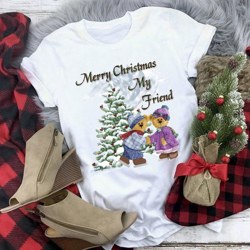 Women's Crew Neck Short Sleeve Graphic Print Christmas T-Shirts Loose Fit Casual Tees