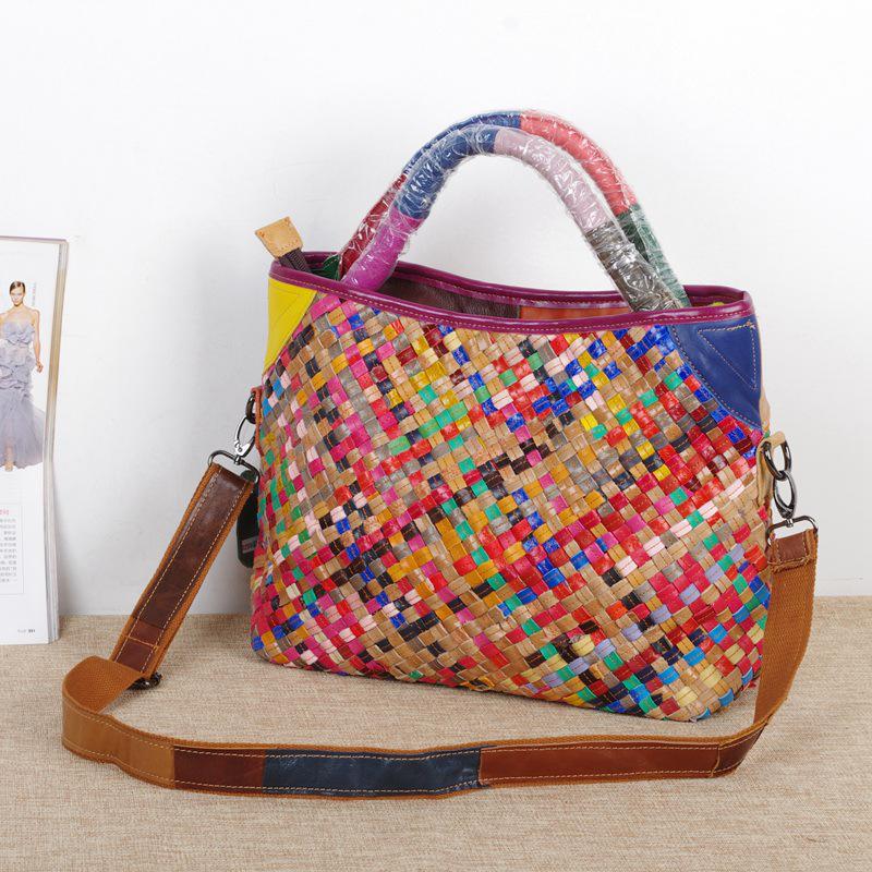 

Leather Women S Bag Hand-Woven Bag Retro Ethnic Style Color Portable Messenger Bag Personalized Design