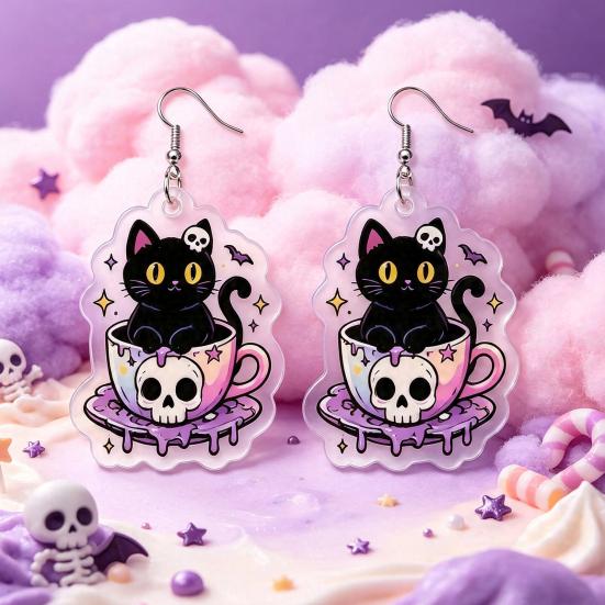 Dark Style Jewelry 1 Pair Halloween Earrings for Women, 2D Acrylic Teacup Black Cat Creative Pendant Gift Dangle Drop Earrings, Gothic Cartoon Party,