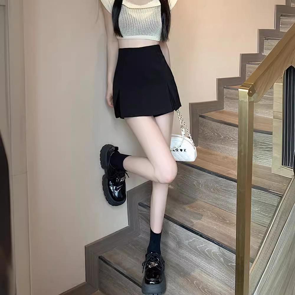 2024 Women's High-Waisted A-Line Black Suit Shorts: Slimming, Hip-Covering, Wide-Leg Skirt-Pants