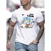European sizes Men'S Casual Crew Neck T-Shirt, Cartoon Cat Graphic Print, Slight Stretch, Regular Fit, Summer Lightweight Top