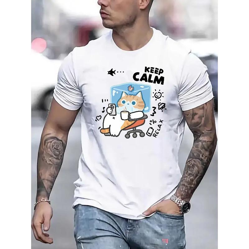 

European sizes Men S Casual Crew Neck T-Shirt, Cartoon Cat Graphic Print, Slight Stretch, Regular Fit, Summer Lightweight Top 4XL білий