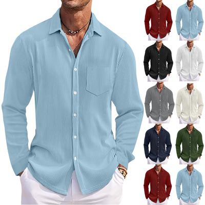 Męskie koszule bawełniane z długim rękawem, casualowe zapinane na guziki, teksturowany T-shirt, luźne, wakacyjne, plażowe, lekkie topy